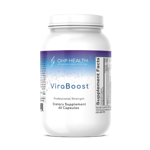 A bottle labeled "ViraBoost" from OHP Health, featuring white with blue accents, contains 60 capsules designed to boost your immune system. The label emphasizes "Professional Strength" and "Dietary Supplement," with supplement facts detailed on the side.