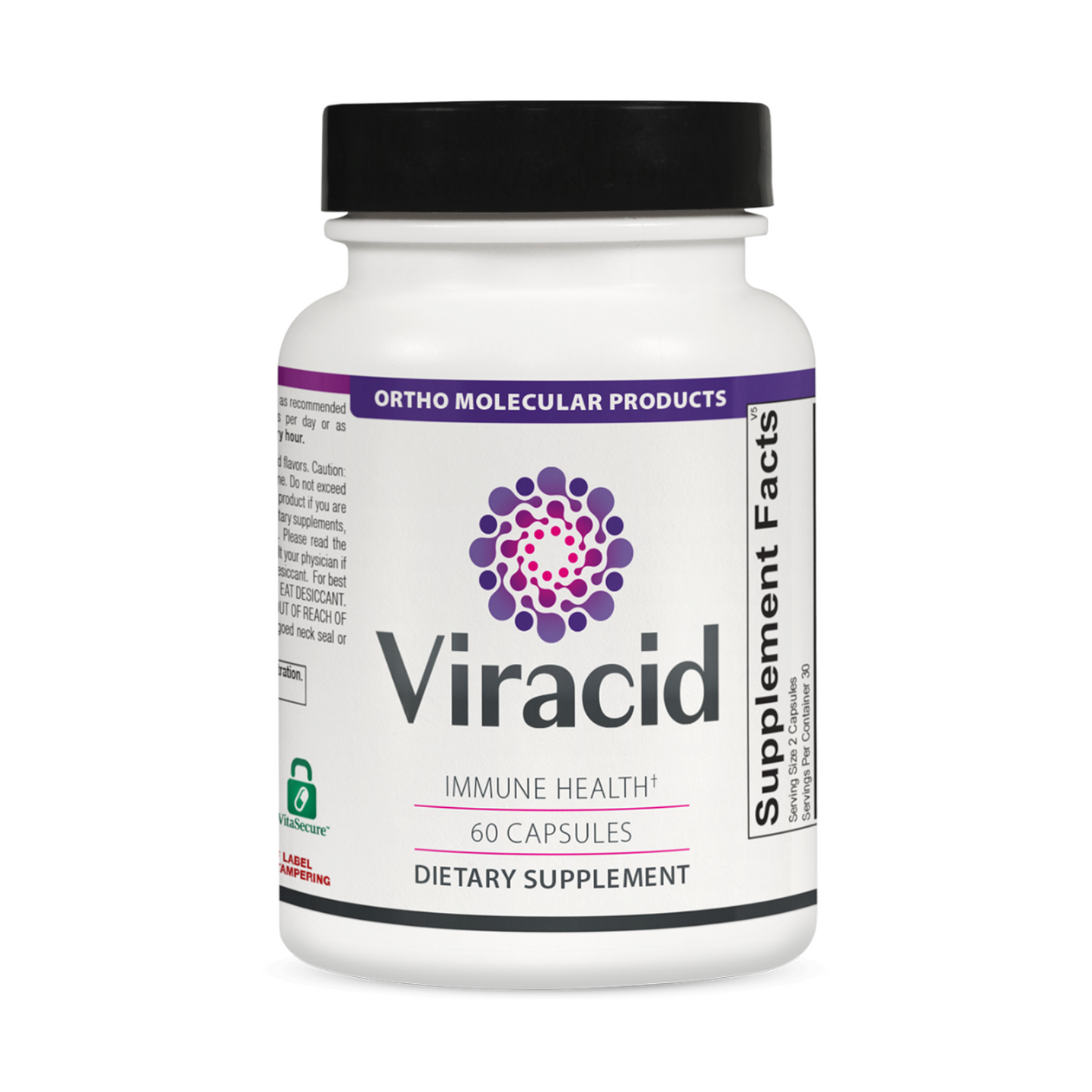 A bottle of Viracid | 60 capsules (bottle) with a purple label by Ortho Molecular Products, a longevity supplement by OHP Health.