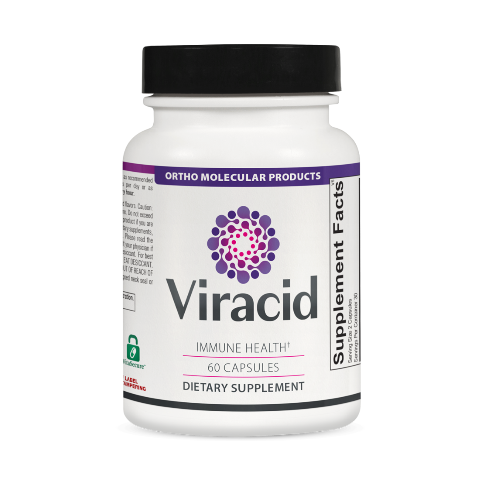 A bottle of Viracid | 60 capsules (bottle) with a purple label by Ortho Molecular Products, a longevity supplement by OHP Health.