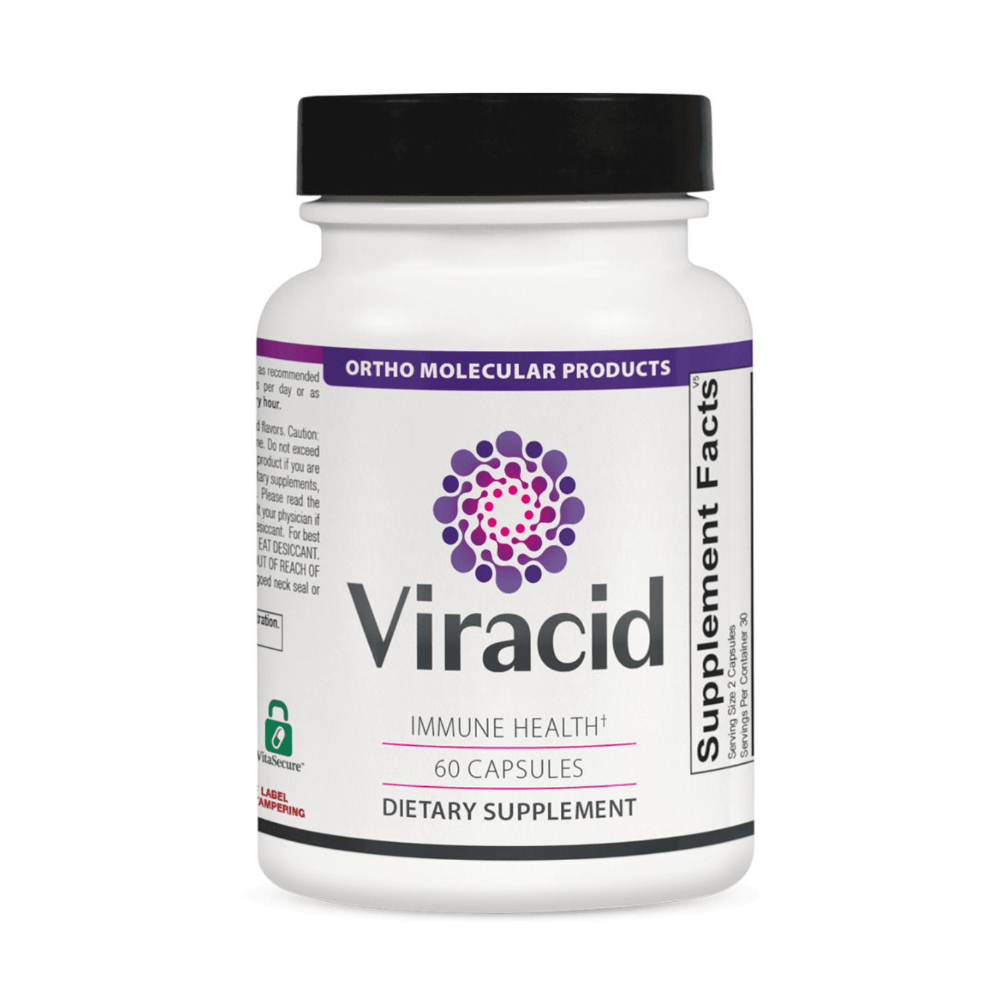 A bottle of Viracid | 60 capsules (bottle) with a purple label by Ortho Molecular Products, a longevity supplement by OHP Health.