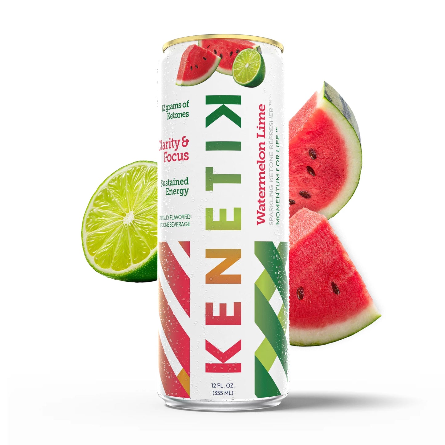 A 12 fl. oz. can of OHP Health KenetiK Ketone Drink in Watermelon Lime is shown with watermelon slices and a halved lime, offering sustained energy and enhanced mental focus.