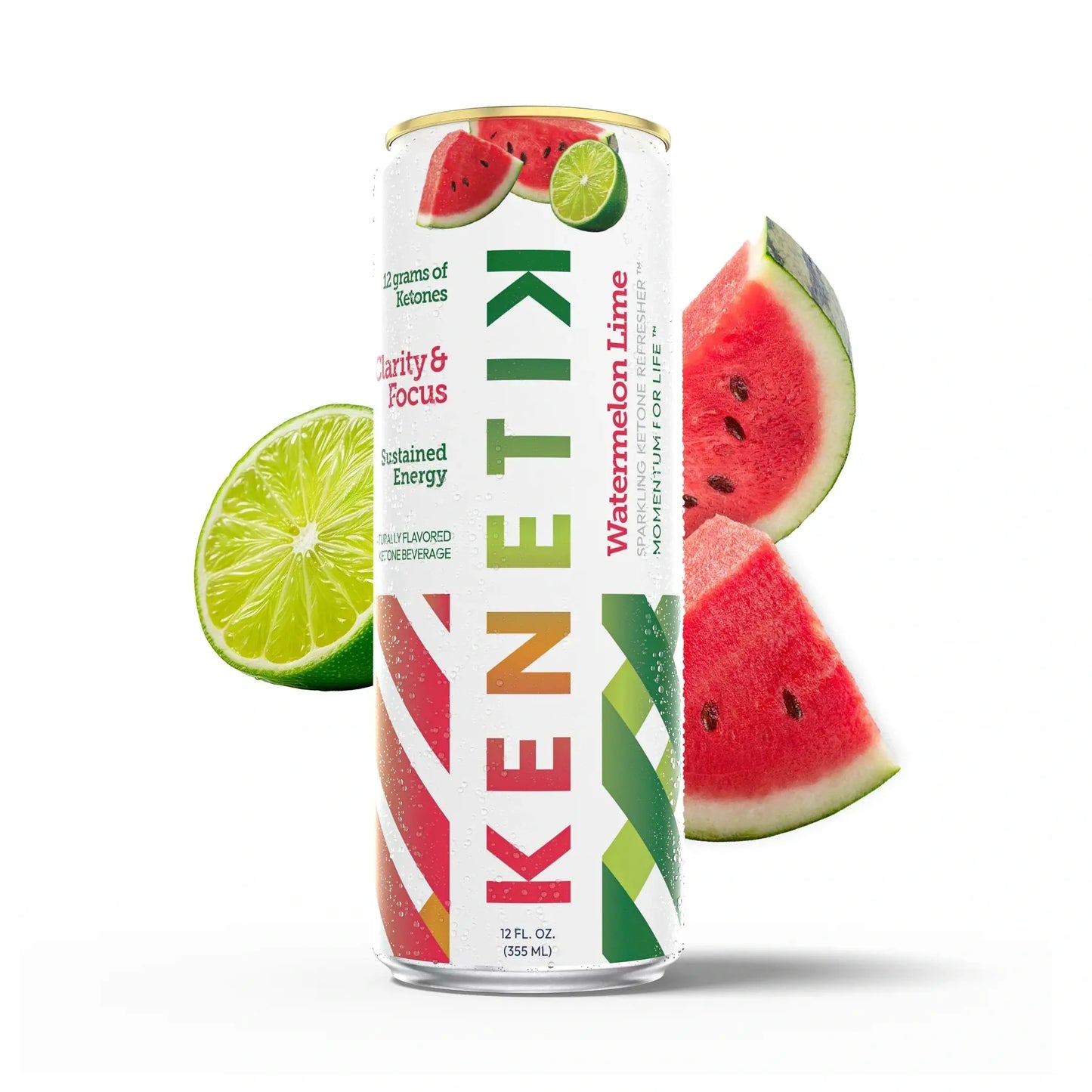 A can of Kenetik Ketone Drink by Kenetik sits next to sliced lime and watermelon wedges on a white background. The can displays colorful geometric patterns and branding.