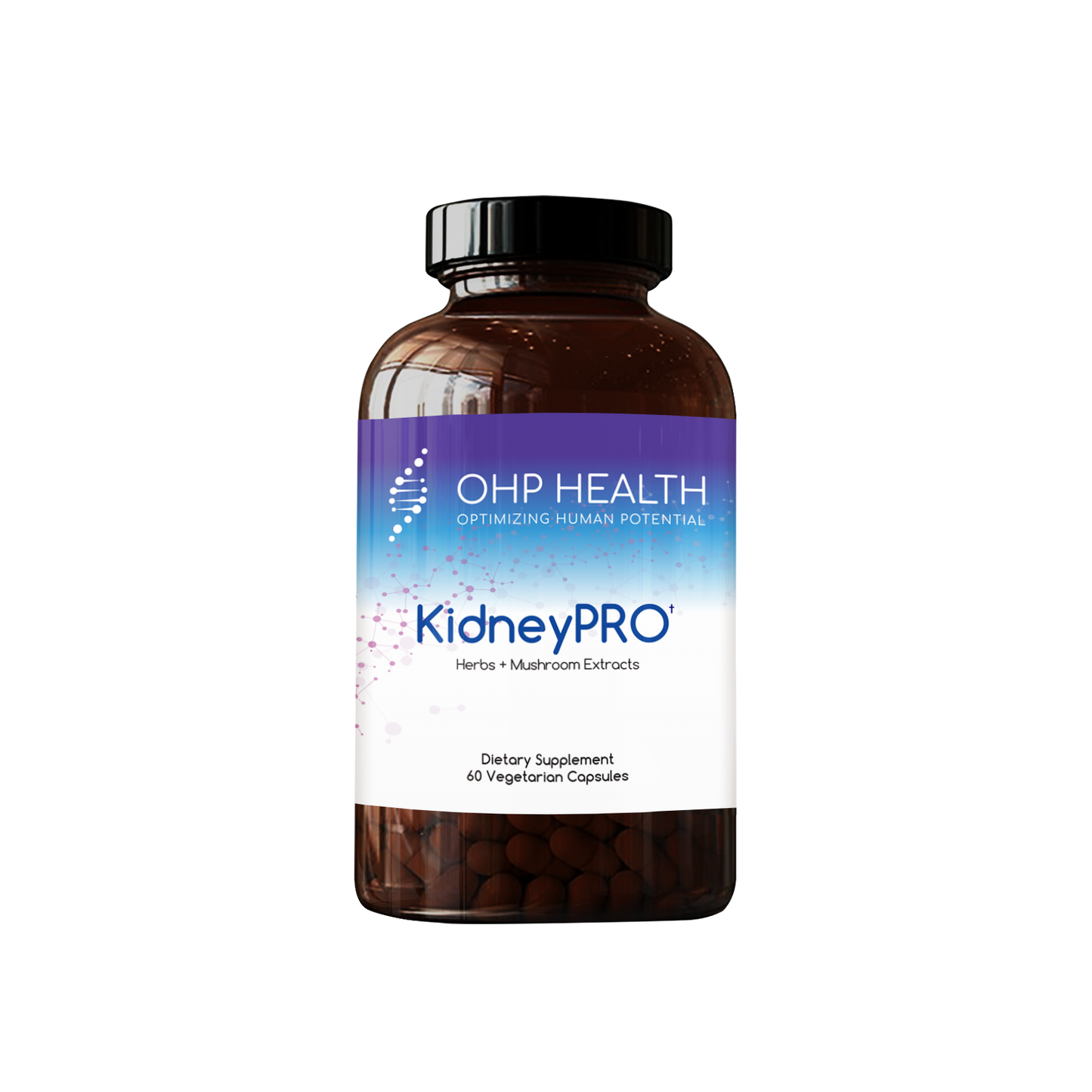 A dark brown bottle labeled "KidneyPro" by OHP Health, containing 60 vegetarian capsules of herbs, red ginseng, and mushroom extracts to support kidney function, features a blue and white label.