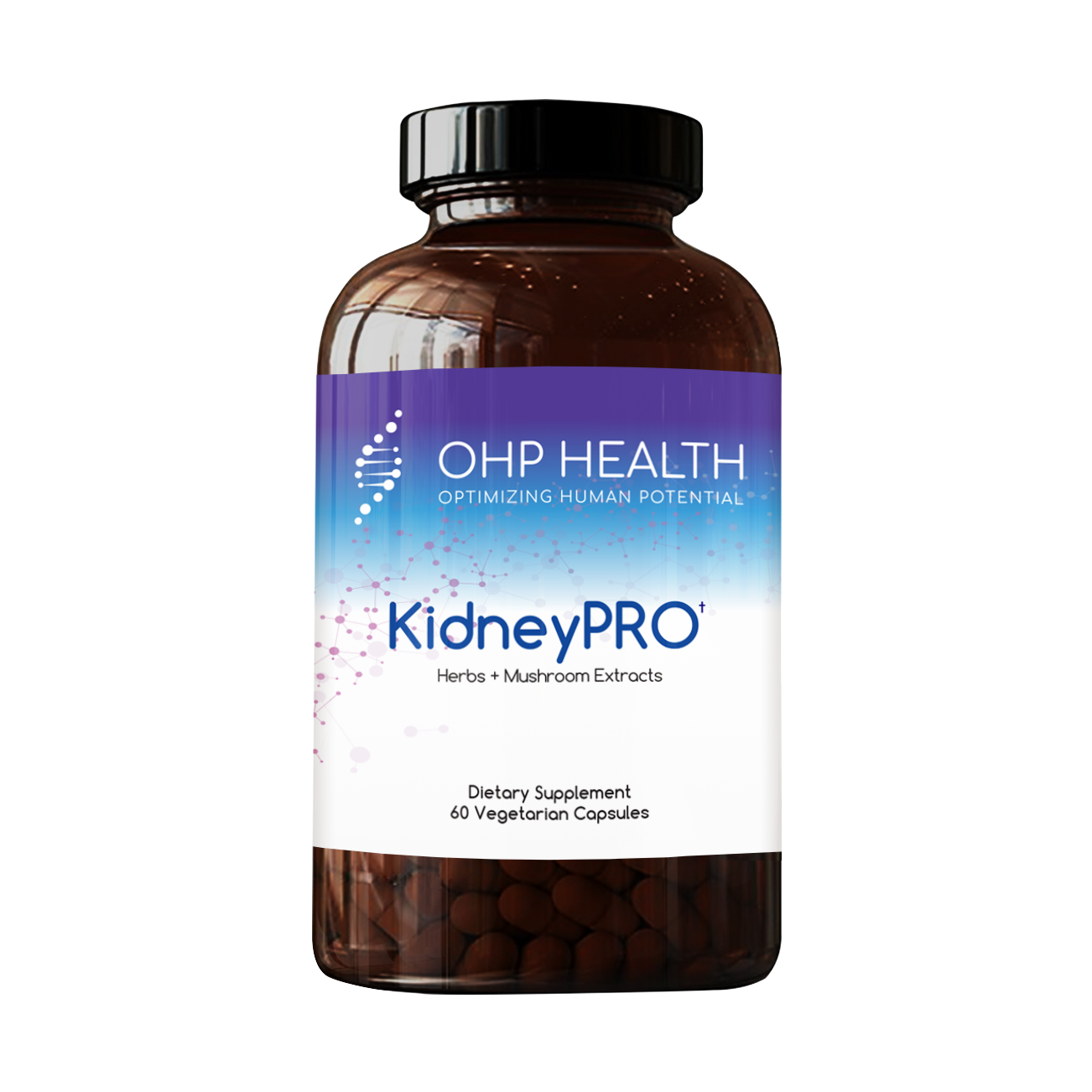 A dark brown bottle labeled "KidneyPro" by OHP Health, containing 60 vegetarian capsules of herbs, red ginseng, and mushroom extracts to support kidney function, features a blue and white label.