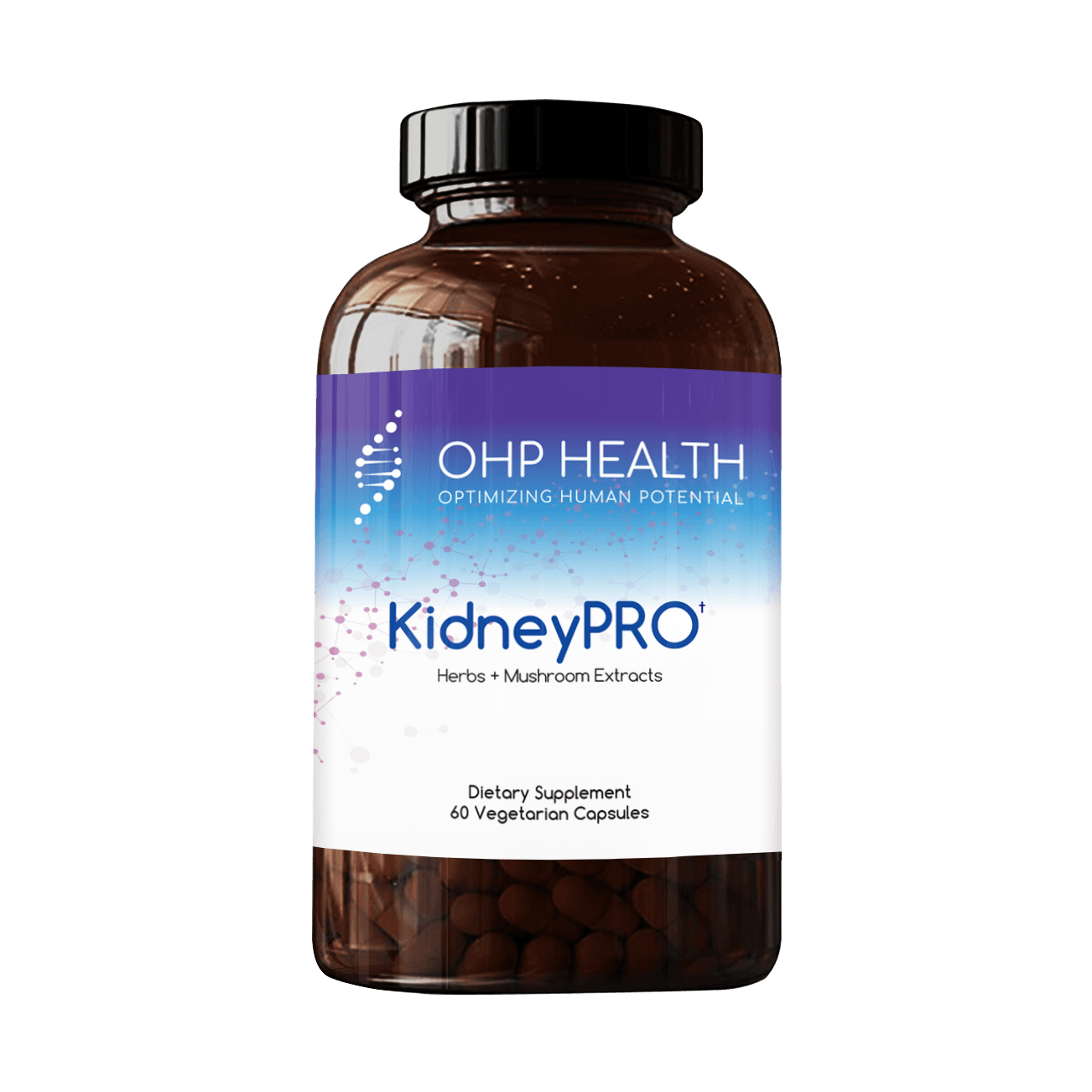 A dark brown bottle labeled "KidneyPro" by OHP Health, containing 60 vegetarian capsules of herbs, red ginseng, and mushroom extracts to support kidney function, features a blue and white label.