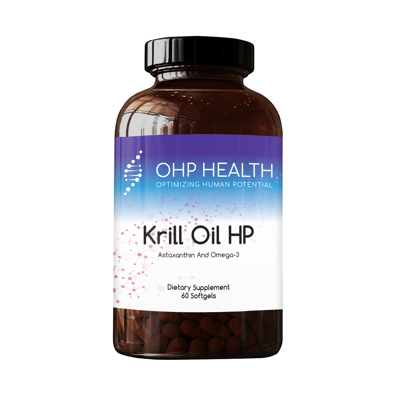 A brown bottle labeled "Krill Oil HP" by Designs For Health, containing 60 softgels with krill oil, astaxanthin, and omega-3s for daily wellness.