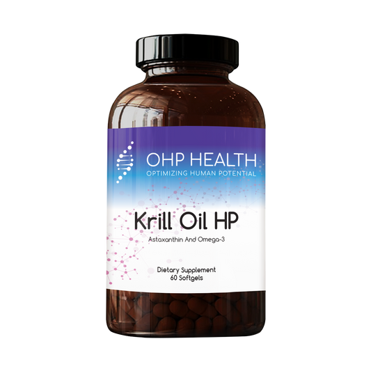 A brown bottle labeled "Krill Oil HP" by Designs For Health, containing 60 softgels with krill oil, astaxanthin, and omega-3s for daily wellness.