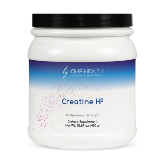 A white container labeled "Creatine HP | 90 servings" by OHP Health, a professional strength sports nutrition supplement featuring creatine monohydrate for energy production. Net weight: 15.87 oz (450 g).