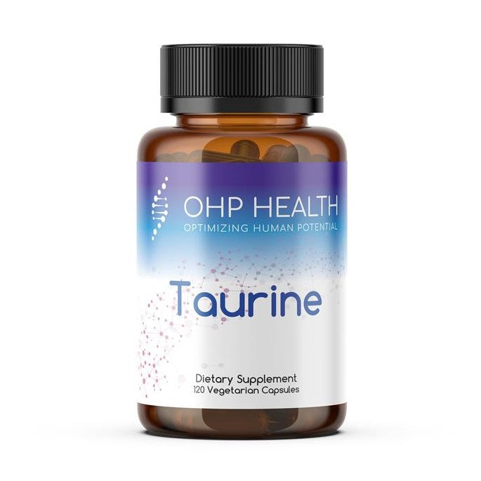 A bottle of OHP Health's Taurine supplement contains 120 vegetarian capsules, each enriched with the essential amino acid taurine, designed to support your cardiovascular system.