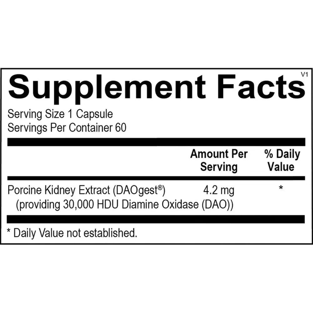Hist Pro by OHP Health provides 4.2 mg Porcine Kidney Extract (DAOgest) per capsule, delivering 30,000 HDU Diamine Oxidase to support histamine degradation; daily value not established. Contains 60 capsules per bottle.