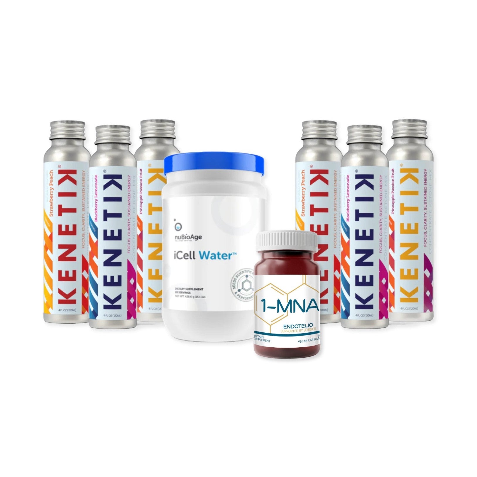 A collection of nutritional supplements from OHP Health includes the OHP Energy Bundle with Kenetik Ketones 6-Pack Assorted, a tub of iCell Water, and a jar labeled 1-MNA Enoktolo.