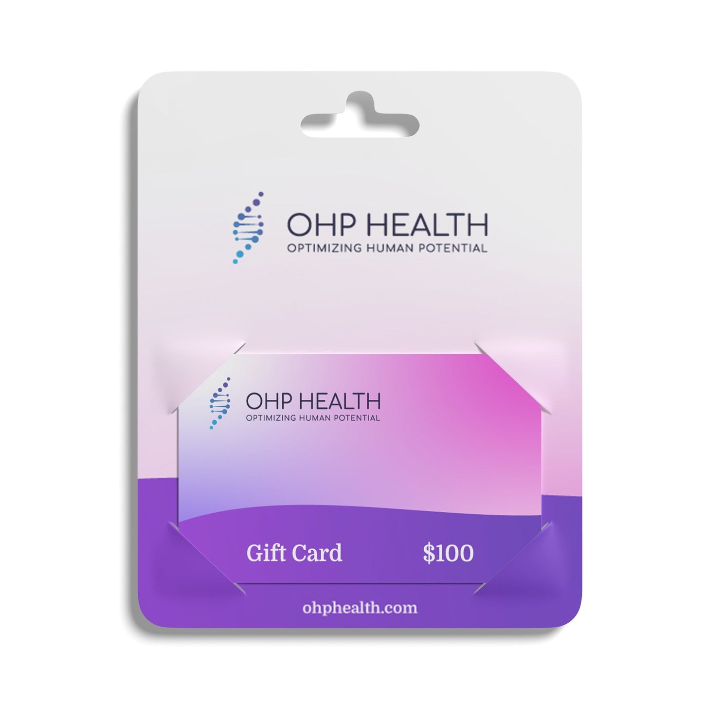 The OHP Health $100 gift card, in a purple and white package marked with "Optimizing Human Potential," offers you a path to better health. Use this electronic gift card to start your wellness journey today.