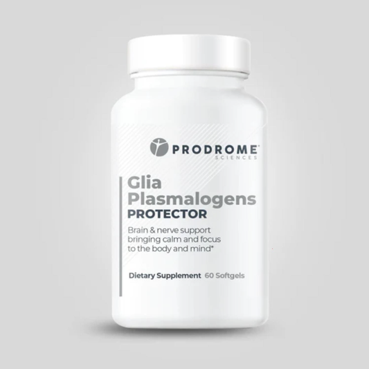A bottle of ProdromeGlia Plasmalogen Supplement, the ultimate plasmalogen supplement for protecting glia membranes.
