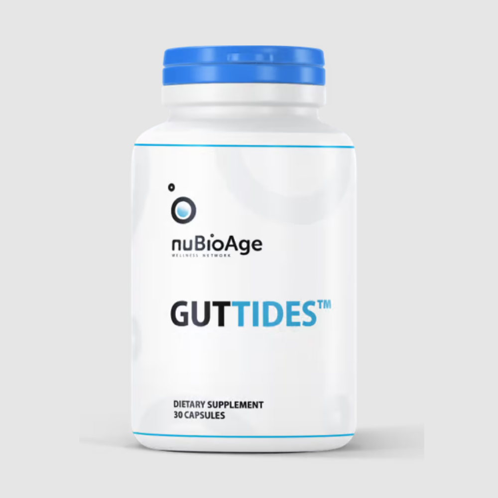 White GUTTIDES™ bottle with a blue lid from nuBioAge, labeled to contain 30 capsules for optimal gut health.