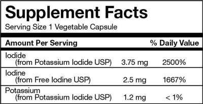 Supplement Facts Table for RLC Labs - i-throid 6.25 mg. Serving size 1 capsule. One serving contains 3.75mg of iodide from potassium iodide USP, 2.5mg of iodine from free iodine USP, and 1.2mg of potassium from potassium iodide USP.