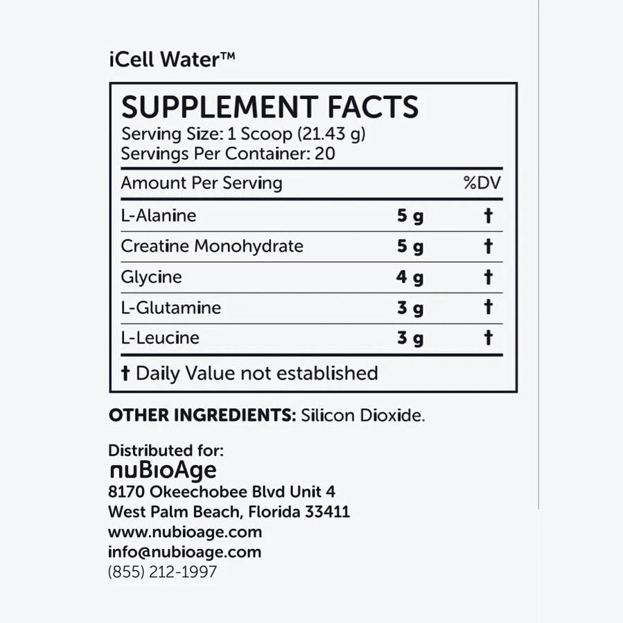 Supplement facts label for OHP Health iCell Water shows per serving amounts of amino acid osmolytes—L-Alanine, Creatine Monohydrate, Glycine, L-Glutamine, and L-Leucine—for cellular hydration. Contact info: nuBioAge.