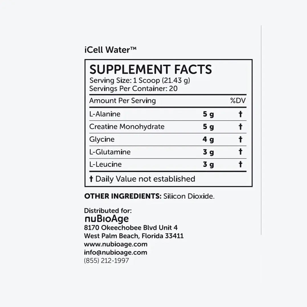 Supplement facts for iCell Water Packets by nuBioAge (20 servings): amino acid drink with L-Alanine, Creatine Monohydrate for cell hydration, Glycine, L-Glutamine, and L-Leucine per serving; distributor info included.