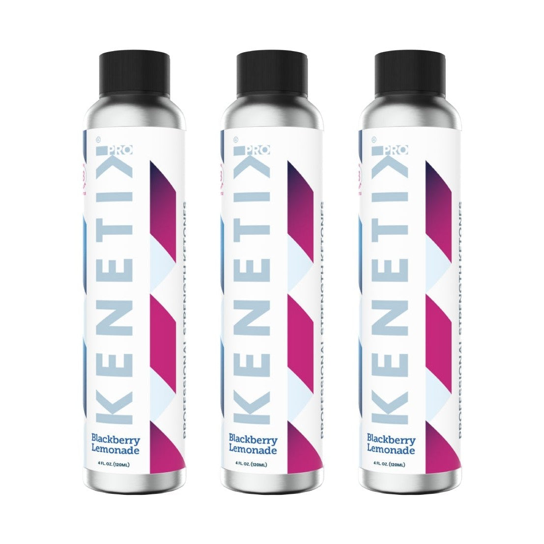 Three tall, silver cans labeled "KenetikPro Ketone Concentrate" stand side by side on a white background, emphasizing their bio-identical ketones from KenetikPro for premium performance fuel.