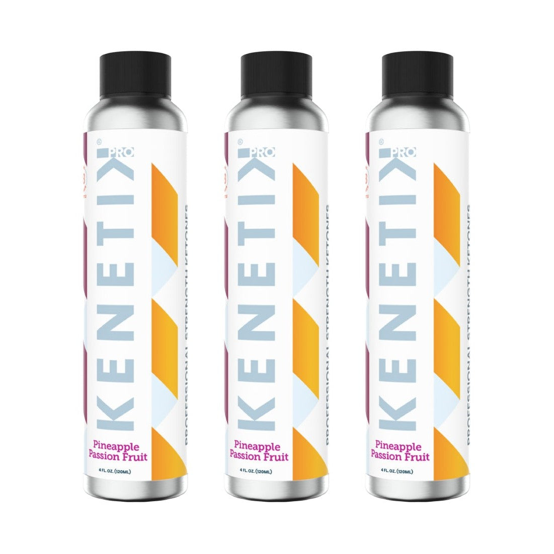 Three silver cans of KenetikPro Ketone Concentrate, a Pineapple Passion Fruit beverage with professional strength ketones, are arranged in a row on a white background.