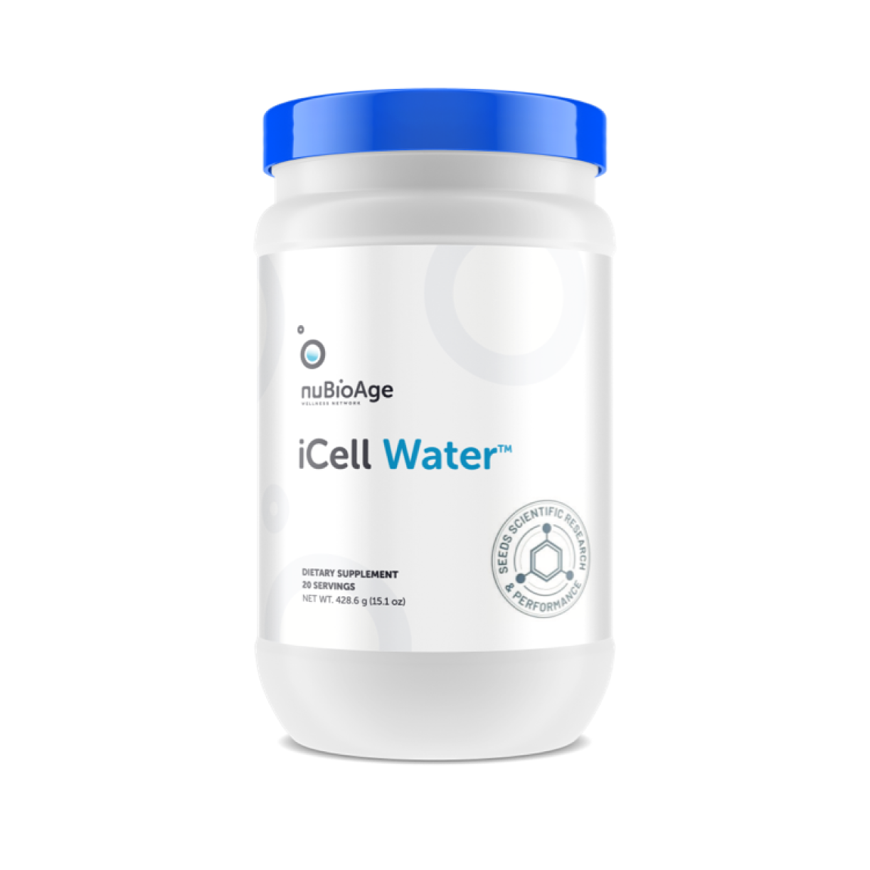 A white jar featuring a blue lid, labeled with "iCell Water" by OHP Health, is crafted for cellular hydration. The label emphasizes "Dietary Supplement" and "30 Servings," with a molecular logo underscoring its function in boosting cell signaling.