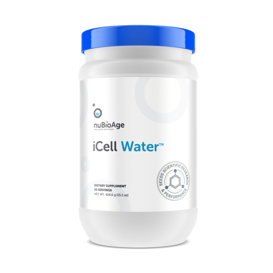 A white jar featuring a blue lid, labeled with "iCell Water" by OHP Health, is crafted for cellular hydration. The label emphasizes "Dietary Supplement" and "30 Servings," with a molecular logo underscoring its function in boosting cell signaling.