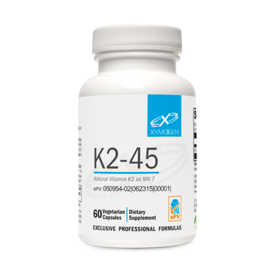 A bottle of K2-45 by XYMOGEN® contains 60 vegetarian capsules at 45mcg each, enriched with vitamin K2 to support heart and bone health.