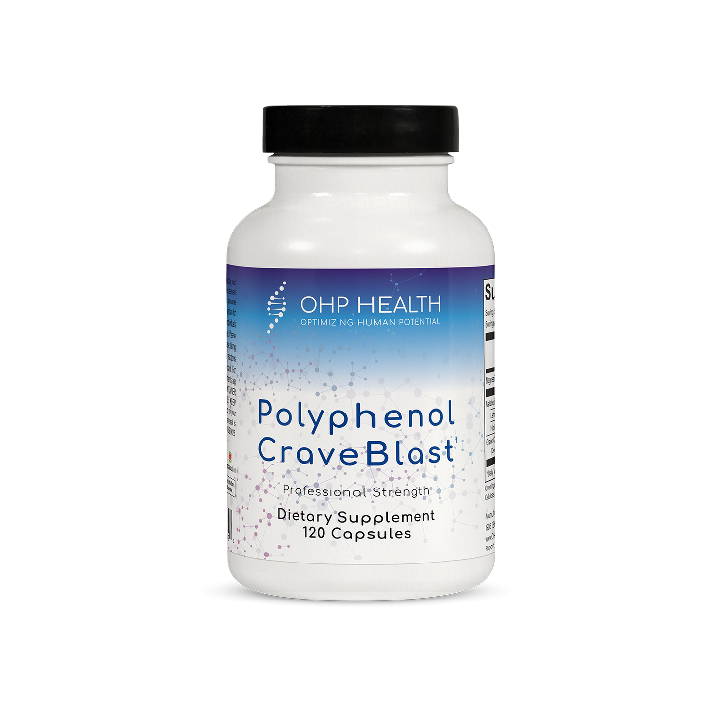 The white bottle labeled "Polyphenol CraveBlast" by Ortho Molecular Products contains 120 dietary supplement capsules designed to help manage cravings and control appetite.