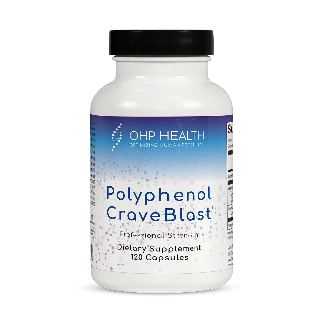 The white bottle labeled "Polyphenol CraveBlast" by Ortho Molecular Products contains 120 dietary supplement capsules designed to help manage cravings and control appetite.