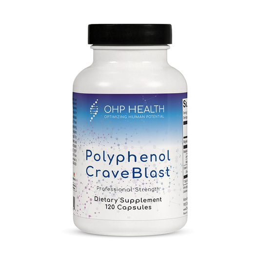 The white bottle labeled "Polyphenol CraveBlast" by Ortho Molecular Products contains 120 dietary supplement capsules designed to help manage cravings and control appetite.