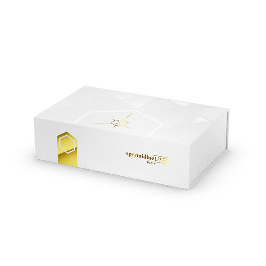 A white box with a gold logo on it, containing the spermidineLIFE PRO+ 4800mg | 30 Pack.