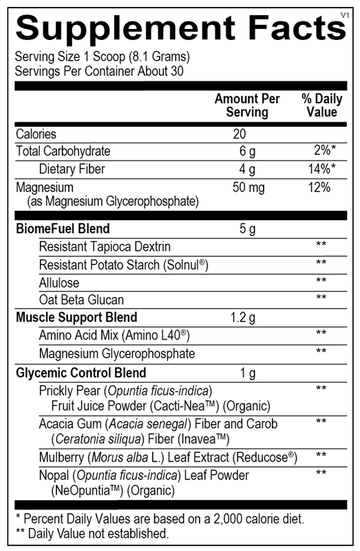 OHP Health Advanced Glucose Support (8.5 oz, 30 servings) Supplement Facts label lists nutrition and ingredients per serving, including calories, carbs, dietary fiber, magnesium, and proprietary blends for glucose and metabolic health.
