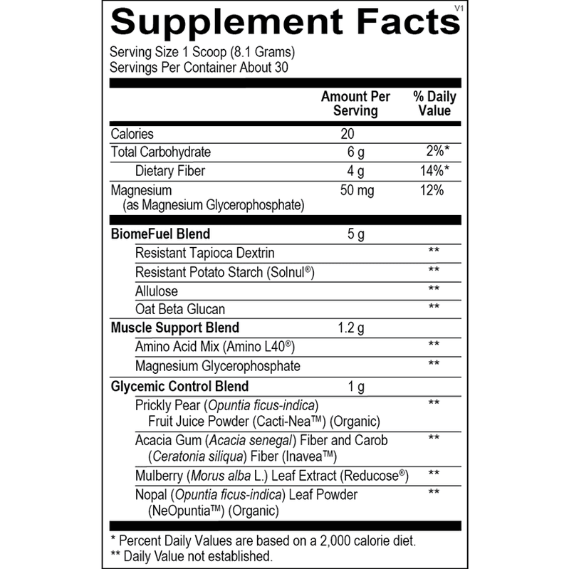 OHP Health Advanced Glucose Support (8.5 oz, 30 servings) Supplement Facts label lists nutrition and ingredients per serving, including calories, carbs, dietary fiber, magnesium, and proprietary blends for glucose and metabolic health.