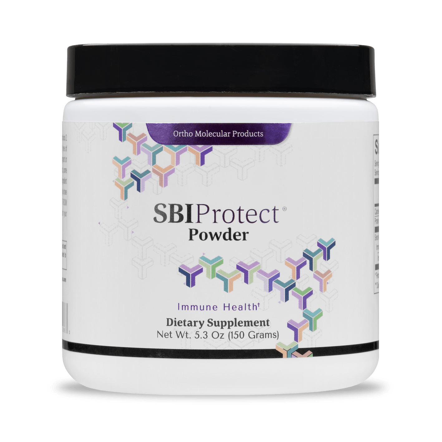 A 5.3oz container of Ortho Molecular Products SBI Protect Powder dietary supplement, designed for immune health and gut barrier support.