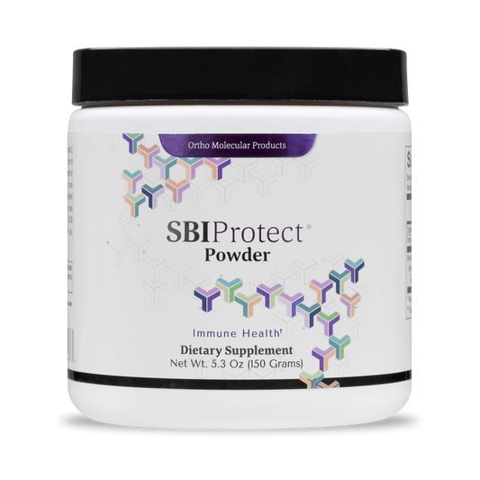 A 5.3oz container of Ortho Molecular Products SBI Protect Powder dietary supplement, designed for immune health and gut barrier support.