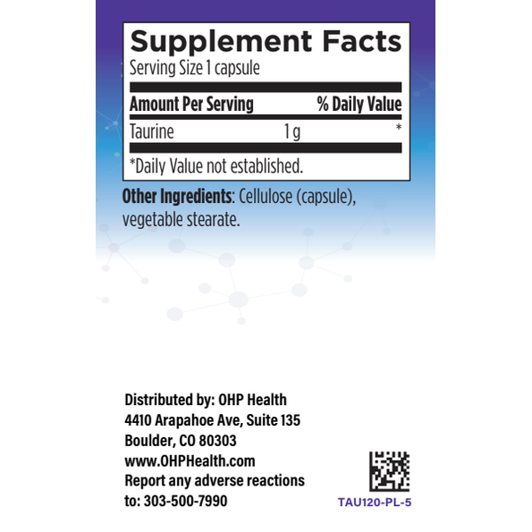 The supplement facts for an OHP Health Taurine capsule include serving size, daily value, other ingredients, distributor info, and a QR code. This product supports cardiovascular health effectively.