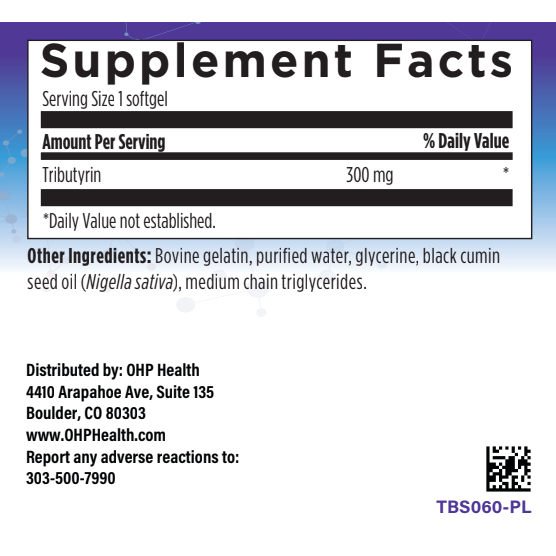 The "Tributyrin | 60ct" by OHP Health features a supplement facts label showcasing CoreBiome tributyrin at 300 mg per serving for gut health, alongside other ingredients and distributor contact details.