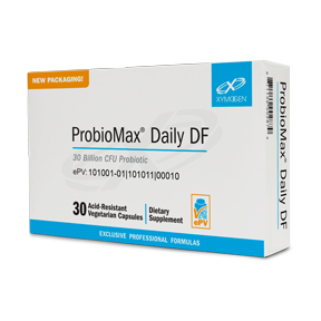 A white box with blue and black text for ProbioMax® Daily DF 30 Capsules by XYMOGEN®.