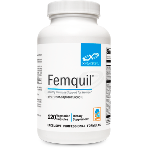 A white bottle with black text for Femquil® 120 Capsules by XYMOGEN® for estrogen detoxification.