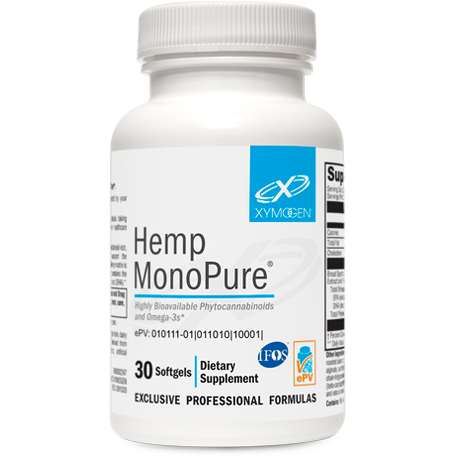 A white bottle with a blue label containing XYMOGEN® Hemp MonoPure® 30 Softgels.