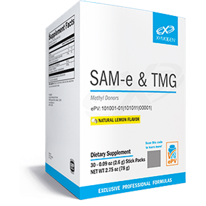 A XYMOGEN® SAM-e & TMG Lemon 30 Servings box with blue text.