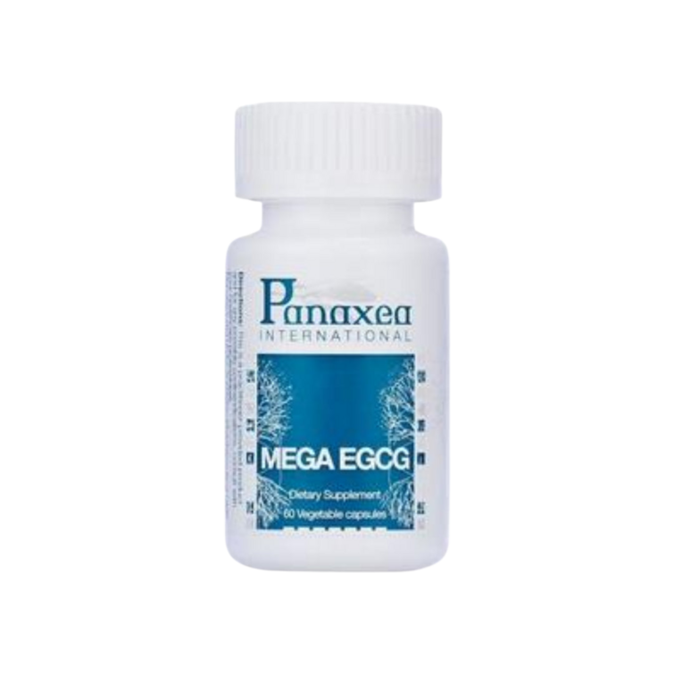 A bottle of Panaxea Mega EGCG | 60 count that promotes Lifespan and Longevity on a black background.