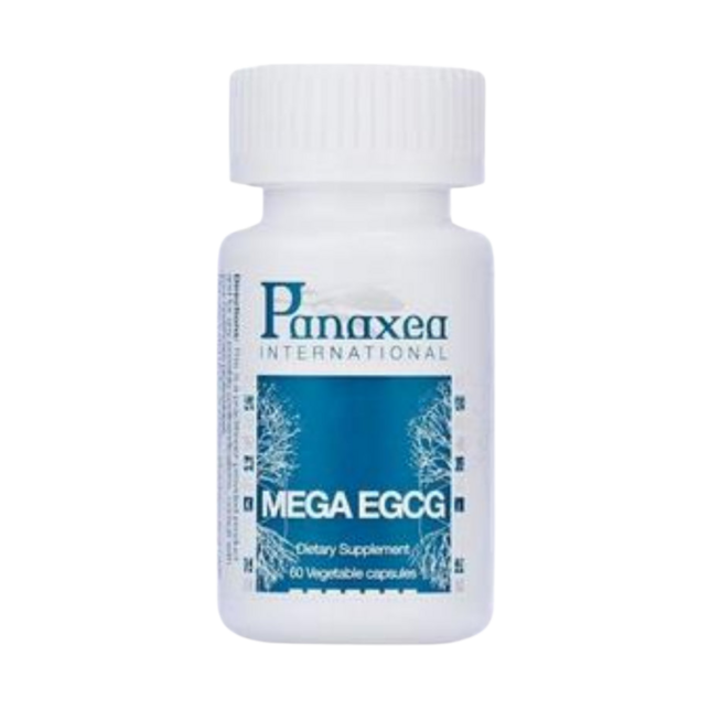A bottle of Panaxea Mega EGCG | 60 count that promotes Lifespan and Longevity on a black background.