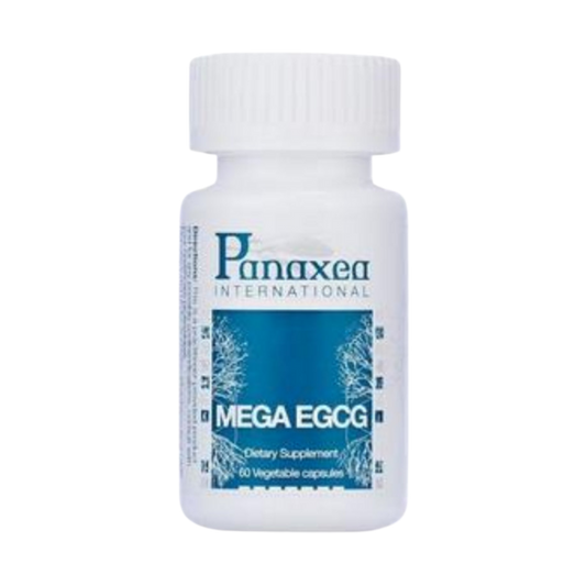 A bottle of Panaxea Mega EGCG | 60 count that promotes Lifespan and Longevity on a black background.