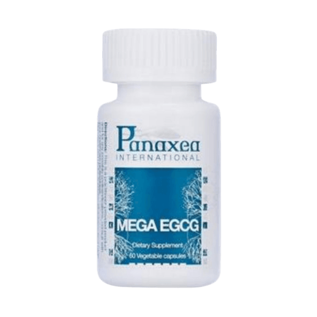 A bottle of Panaxea Mega EGCG | 60 count that promotes Lifespan and Longevity on a black background.