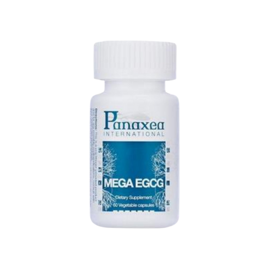 A bottle of Panaxea Mega EGCG | 60 count that promotes Lifespan and Longevity on a black background.