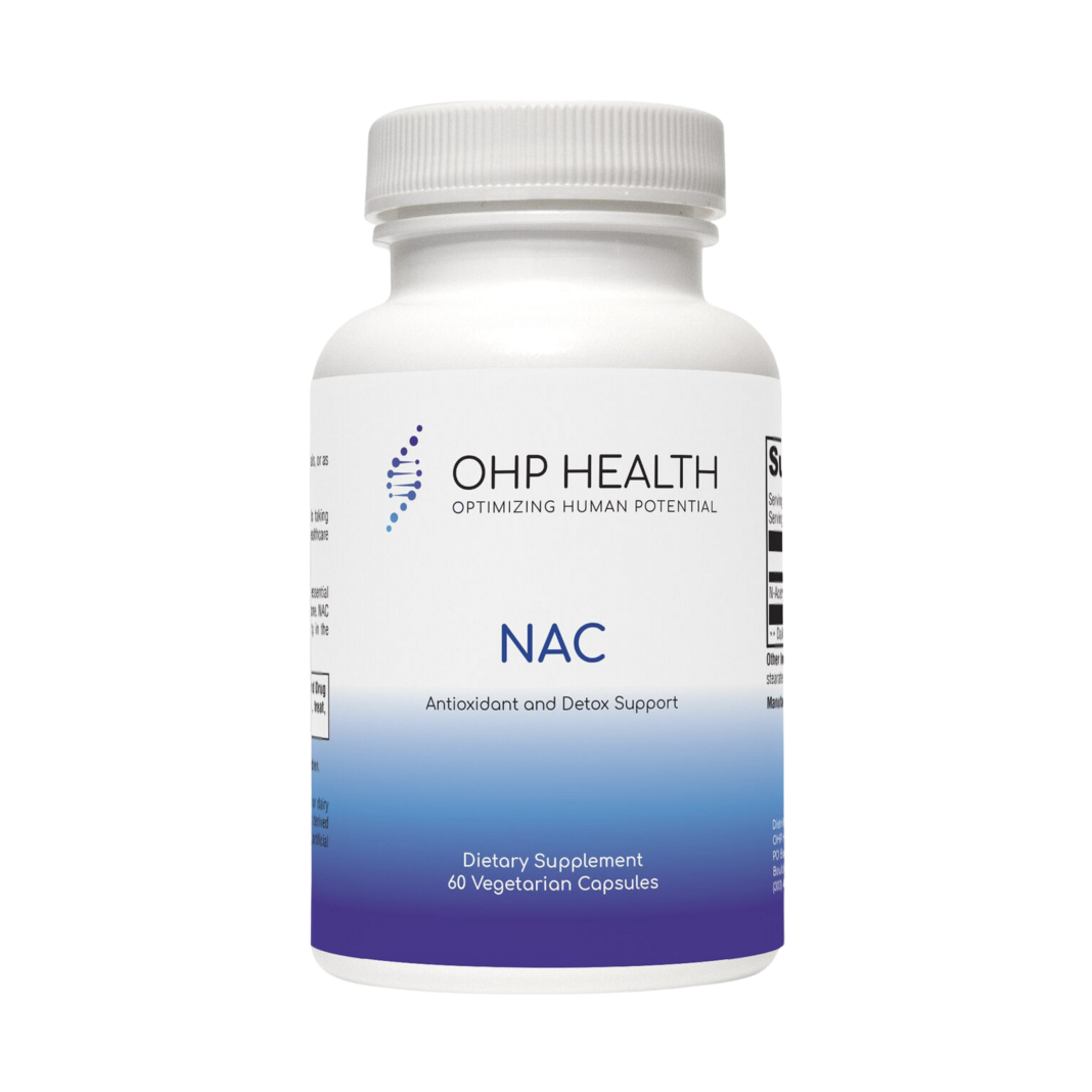 White bottle labeled "NAC 1200mg | 60 count" by OHP Health, containing vegetarian capsules with N-Acetyl-L-Cysteine to boost glutathione for antioxidant support and detoxification.