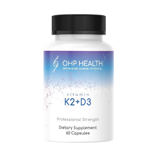 A bottle of K2+D3 Vitamin | 60 count with a black background from OHP Health.