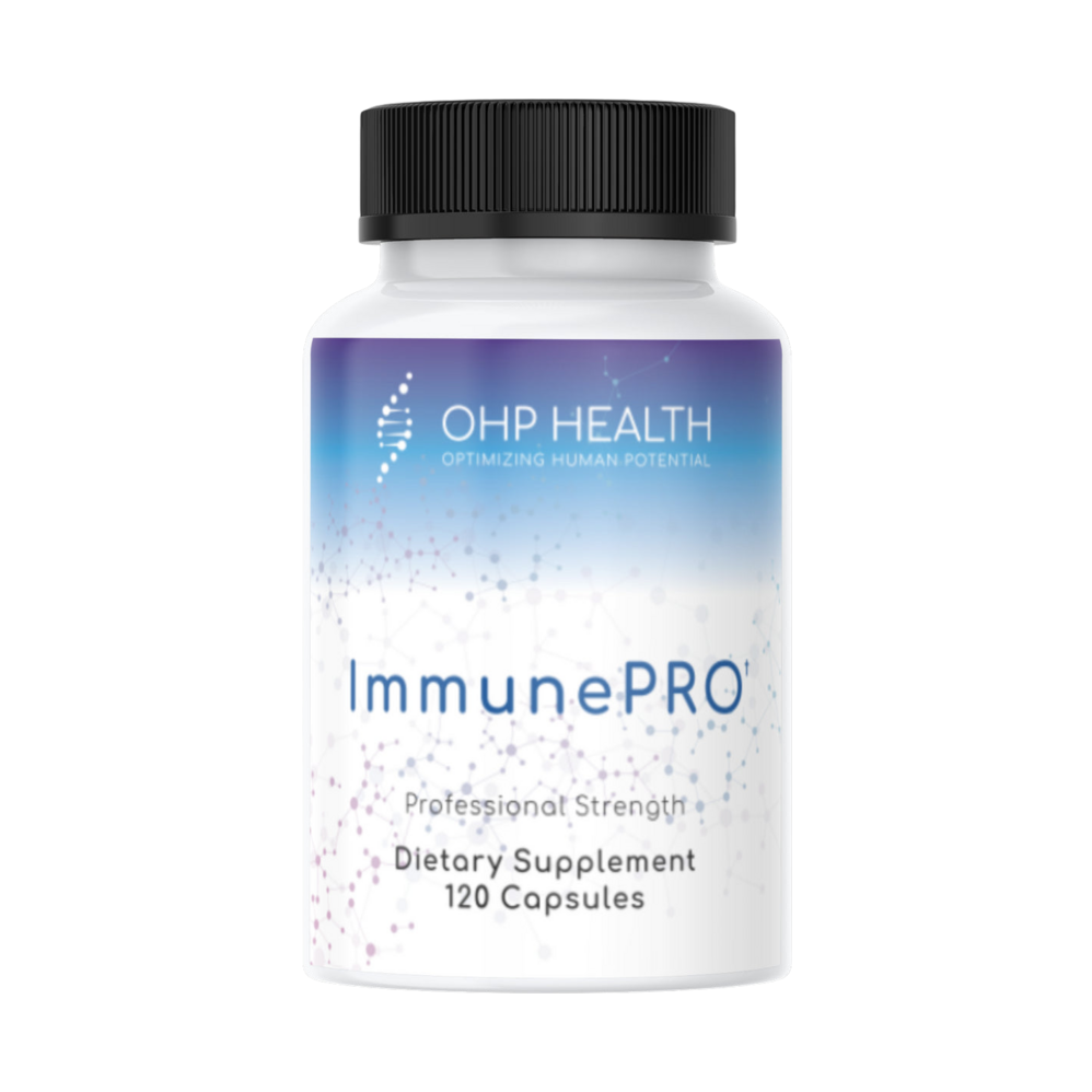 A longevity-boosting bottle of ImmunePRO by OHP Health featuring 120 capsules showcased on a black background.