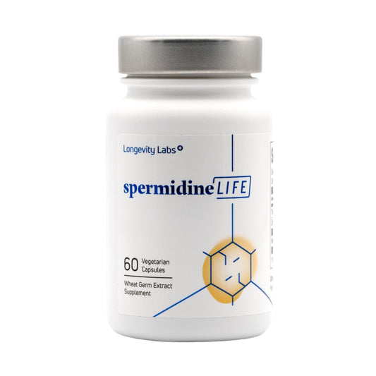 A white bottle labeled "spermidineLIFE® Original 800mg Dietary Supplement" from Longevity Labs, Inc contains 60 vegetarian capsules with a spermidine supplement derived from wheat germ extract, promoting cellular renewal.