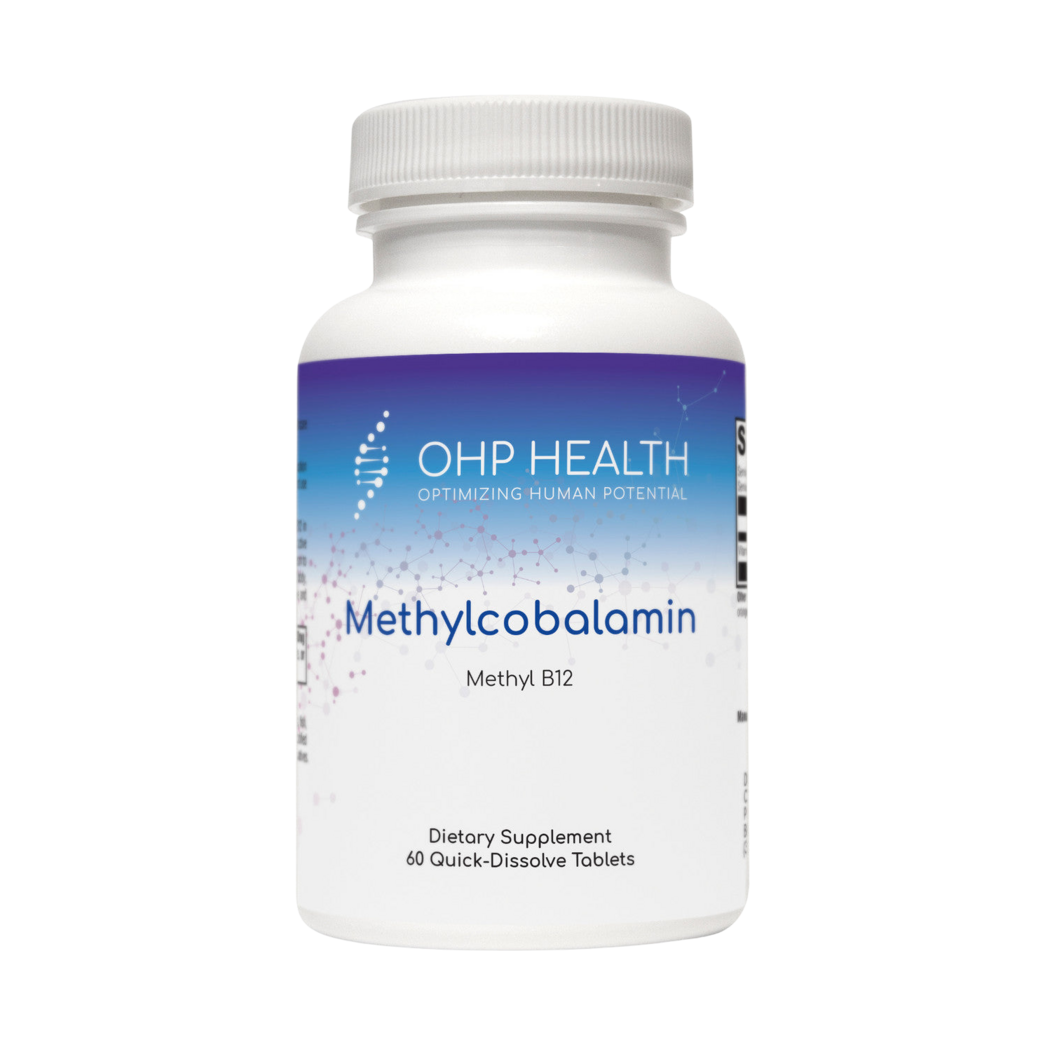 A bottle of Methylcobalamin Methyl B12 for longevity by OHP Health.